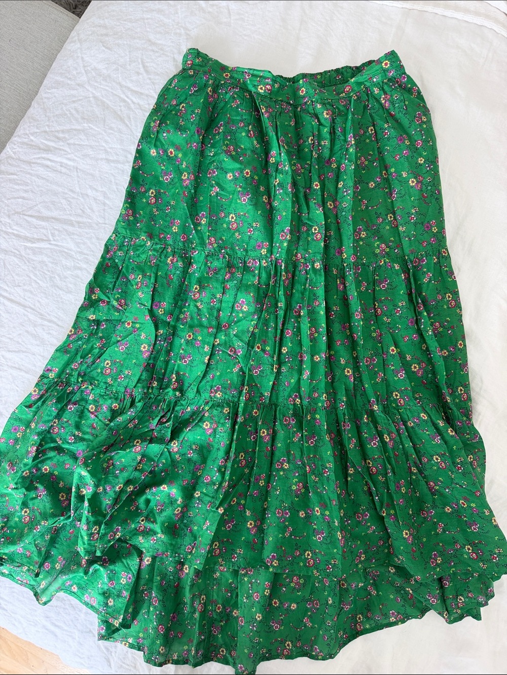 XiRENA Green Floral Tiered Maxi Skirt with Pink Accents.